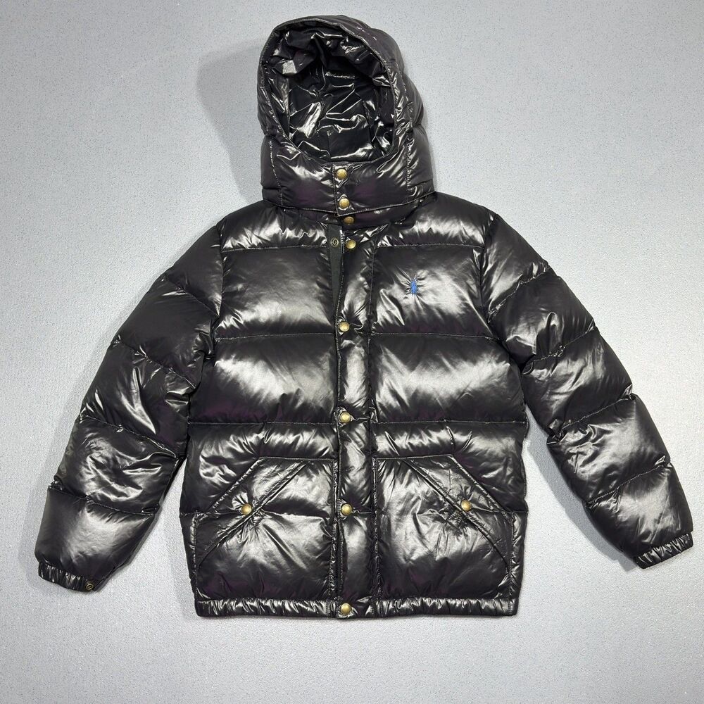 Polo Ralph Lauren Shiny Black Down Puffer Jacket Youth Large 14 16 Hooded Coat